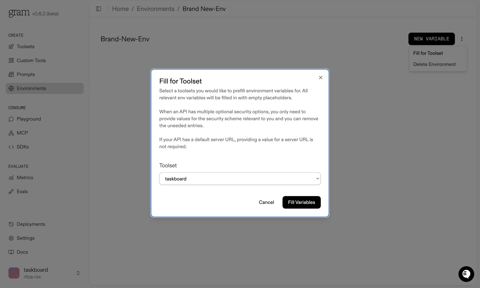 Attaching an environment to a toolset