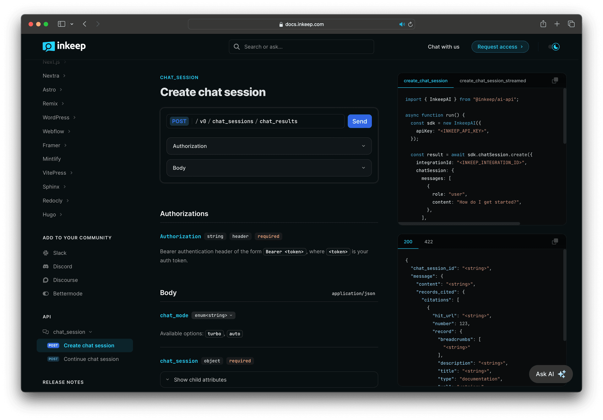 Screenshot of Inkeep's API docs showing featured SDK usage.
