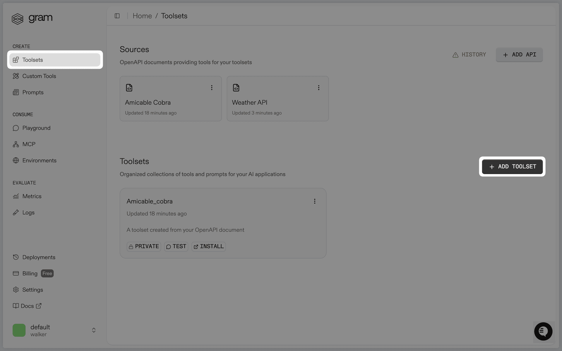 Click Add Toolset from the Toolsets page