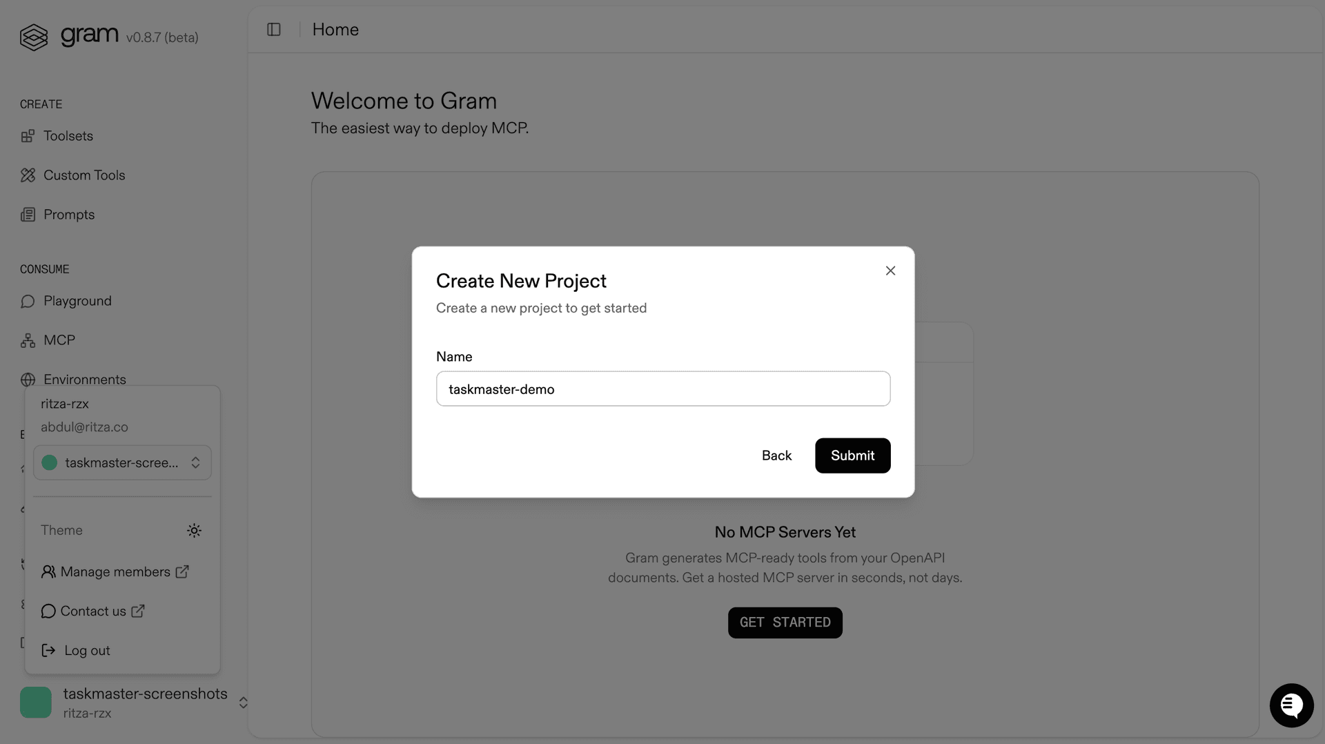 Screenshot of the Gram dashboard showing the New Project link