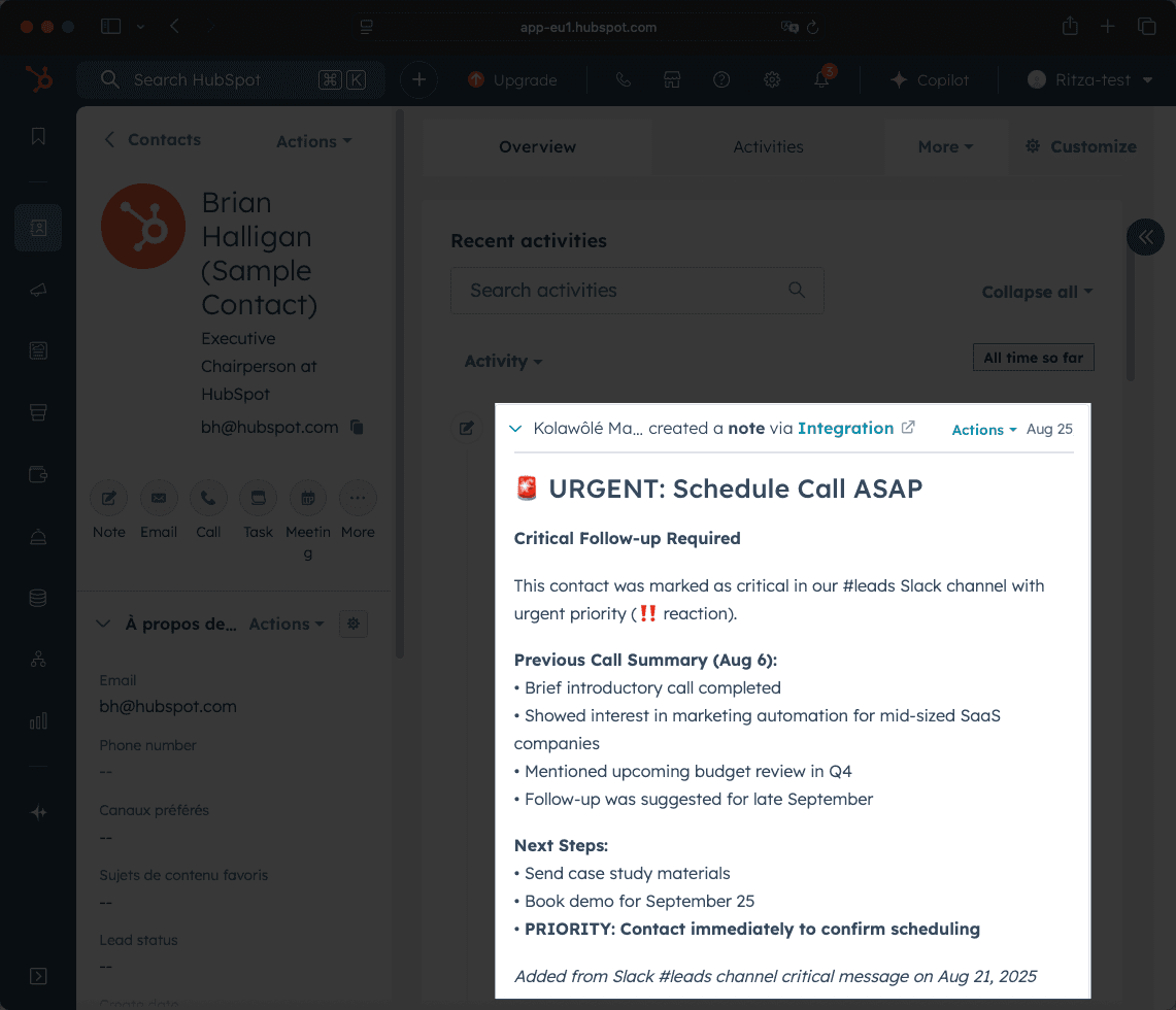 HubSpot contact record with updated notes