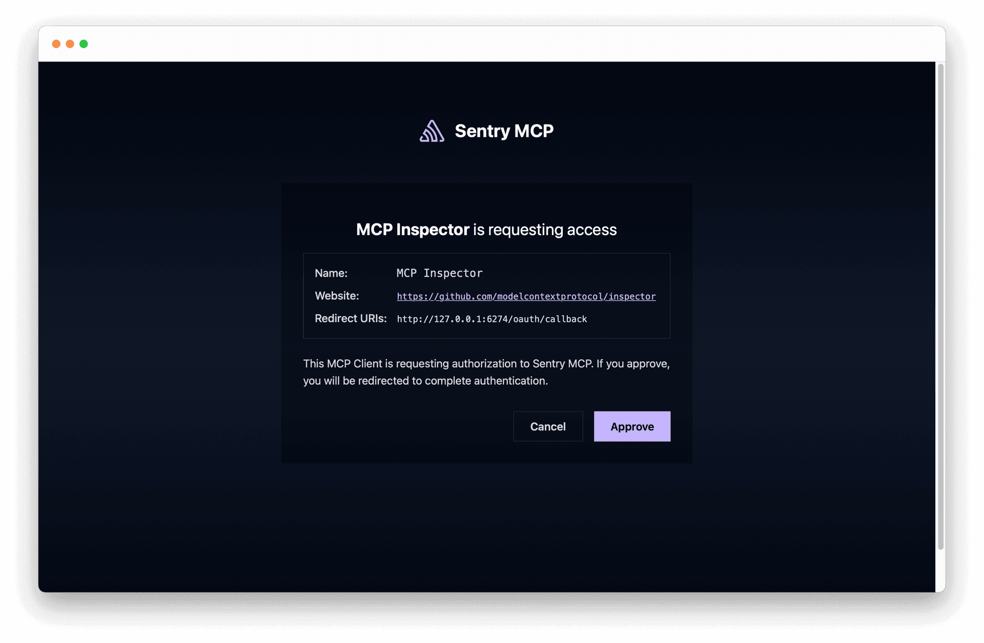 The Sentry MCP OAuth authorization dialog is open in a browser window. It displays the Sentry MCP logo and title at the top, followed by a box stating MCP Inspector is requesting access. Inside the box, details are shown: Name MCP Inspector, Website https://github.com/modelcontextprotocol/inspector, Redirect URIs http://127.0.0.1:6274/oauth/callback. Below, a message explains that the MCP Client is requesting authorization to Sentry MCP and that approval will redirect to complete authentication. Two buttons are at the bottom: Cancel and Approve, with Approve highlighted in light purple.
