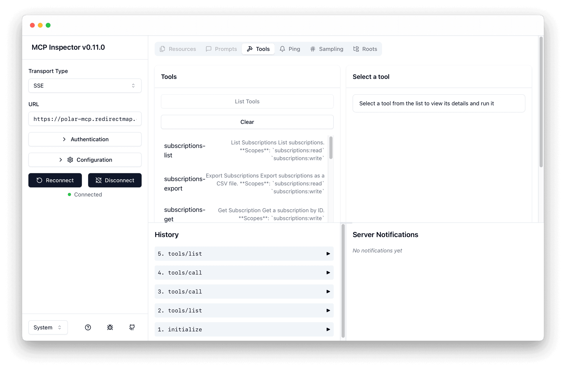 The MCP Inspector interface shows a successful connection to the Polar MCP server. The main panel displays a Connected status with a green indicator. The server URL is https://polar-mcp.redirectmap.com/sse. The right panel shows server metadata, including the name Polar MCP, version 0.1.0, and capabilities like tools, resources, prompts, and sampling support.