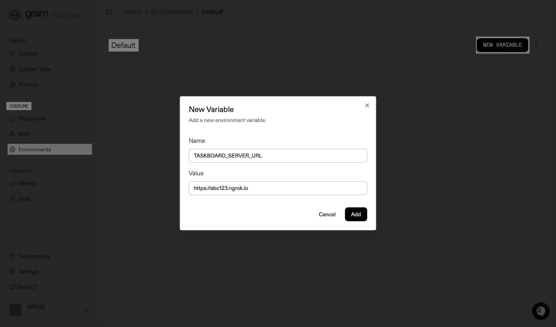 TaskBoard dialog for adding environment variables