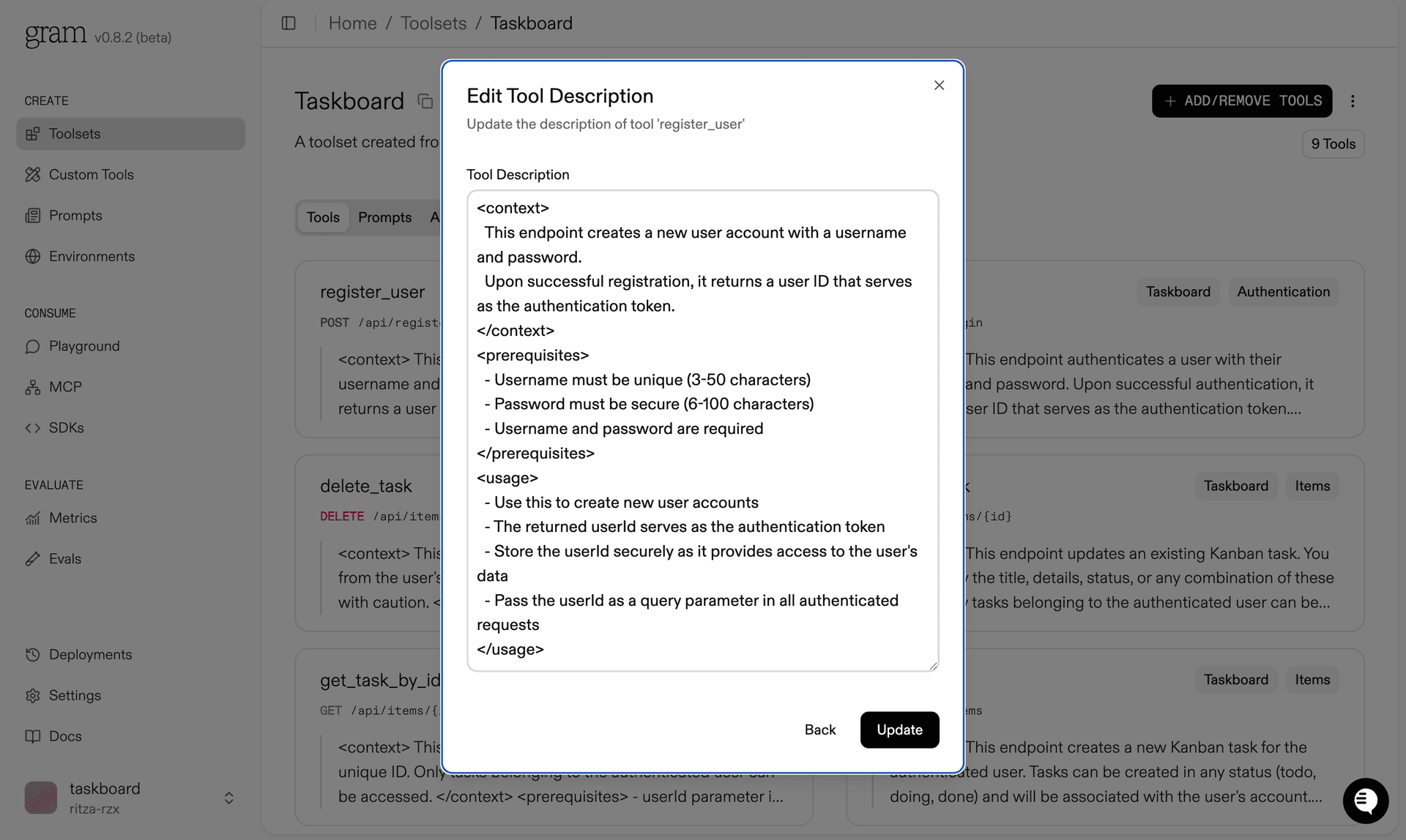 Validating tool description editing