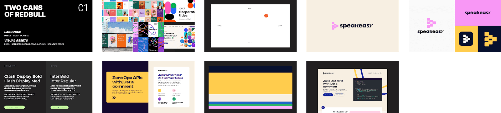 Fifth variations of different web pages with different colors and designs for Speakeasy.